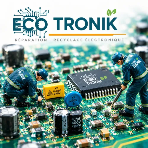 Illustration ECOTRONIK — équipe de réparation sur une carte électronique